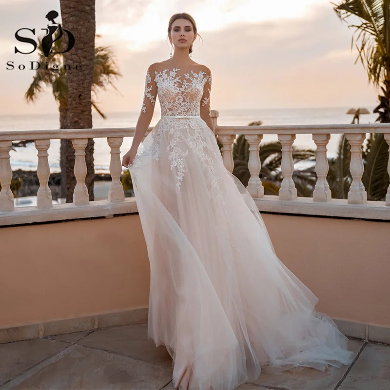 SoDigne-vestidos de novia bohemios rosas, apliques de encaje de línea A, vestido de novia de manga larga con cinturón, vestido de fiesta de boda