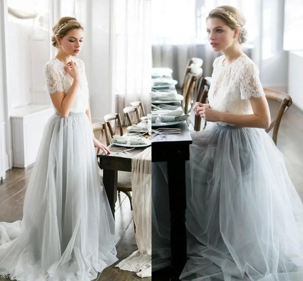 

Newest Bohemian Wedding Dresses White and Gray Elegant A-Line Short Sleeve Sweep Train Lace Tulle Bridal Gowns Vestido De Noiva