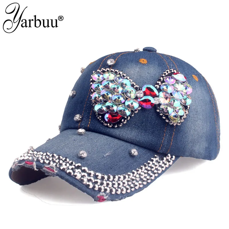 [YARBUU] New Fashion Rhinestone Butterfly Baseball Cap Girls Women Snapback Hip Hop Adjustable Sun Hat Cowboy Hat