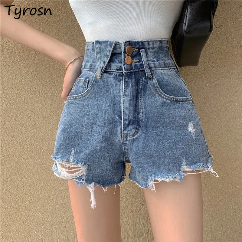 

Women Shorts Empire Waist Denim Hot Slim Female Irregular Design Fur-lined Trousers Ulzzang Holes Ripped Youth Y2K Stylish Club