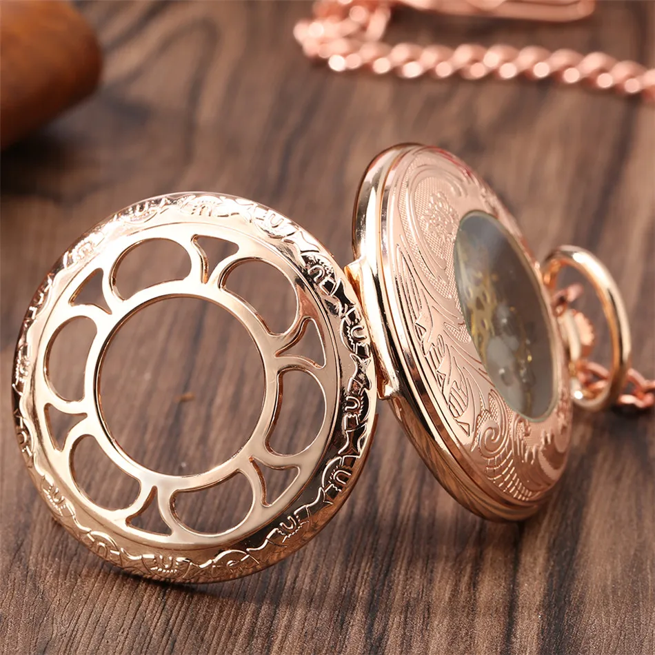 Rose Gold Hollow Flower Roman Numerals Display Mechanical Pocket Watch Exquisite Luxury Pendant Hand-winding Clock with Chain