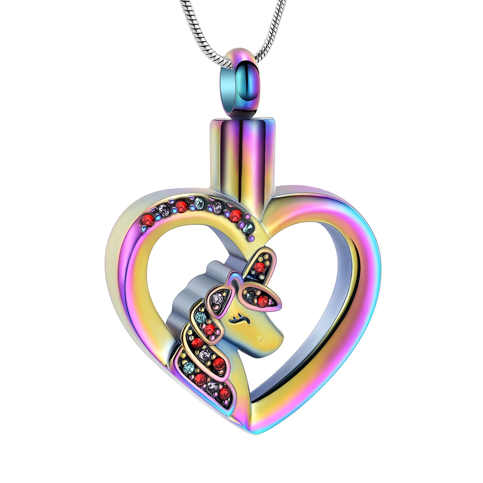 

Unicorn with Heart Charm Pendant Necklace Cremation Urns Jewelry Ashes Keepsake Stainless Steel Crystal Pendant