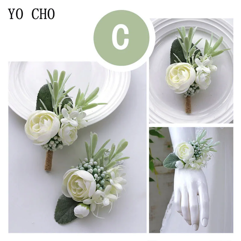 Zijde Rozen Corsage Pin Boutonniere Knoopsgat Mannen Wedding Armband Bruidsmeisjes Bruiloft Knoopsgat Bruidegom Getuige Polsband Flores