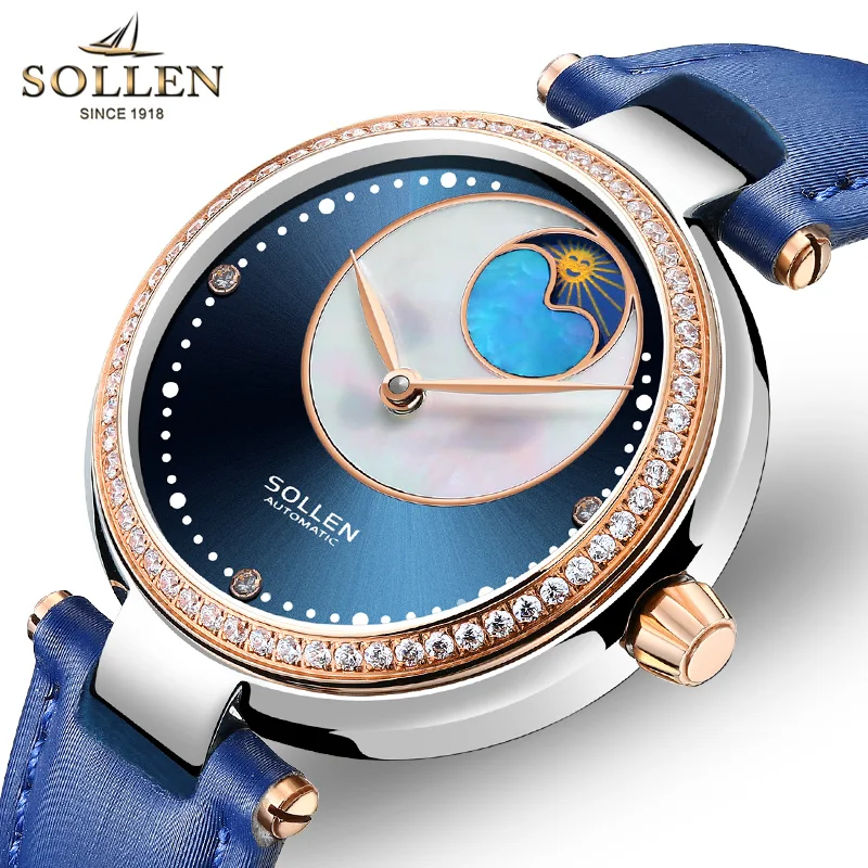 Switzerland Luxury Brand SOLLEN Automatic Mechanical Women's Watches Waterproof Diamond Leather Moon Phase Sapphire Clock SL410