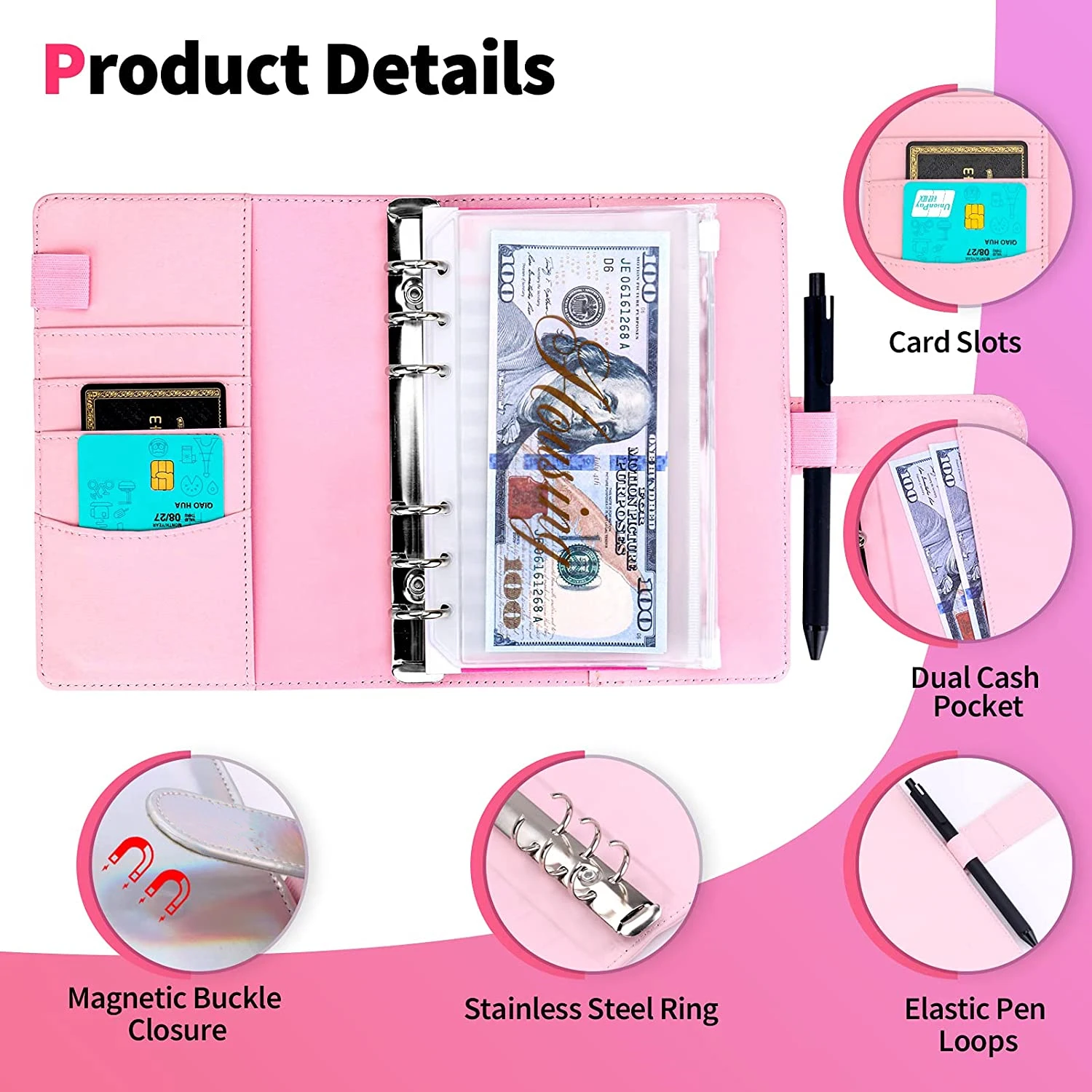 A6 PU Leather Binder Budget Planner Cash Envelopes Wallet with 12 Binder Pockets,12 Budget Sheets and Stickers,for Saving Money