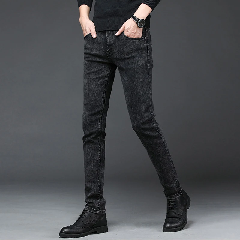 2024มาใหม่ล่าสุด celana JEANS DENIM ผู้ชายขาตรงเอวสูงผ้ายืดหยุ่นสูงกางเกงยีนส์แฟชั่นสำหรับ celana Slim