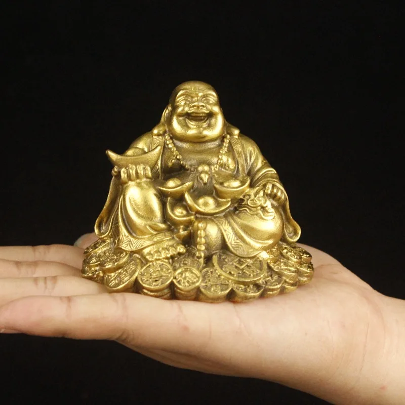 Figura di Buddha per auto Maitreya in rame puro ottone, buona fortuna e moneta d\'oro in metallo statua di Buddha decorazione per la casa ornamento