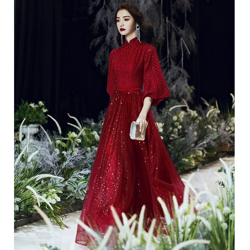 Bride Burgundy Party Gowns Tulle A-line Evening Dress Elegant Mandarin Collar Exquisite Sequins Toast Clothing Vestido