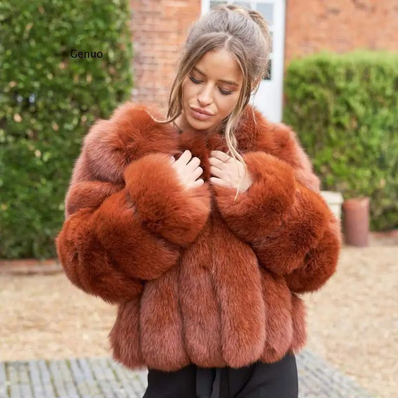 Faux Silver Fox Vertical Cropped Fox Fur Coat Women Fake Fox Fur Jacket Female Winter Luxury Thick Warm Outerwear High Quality