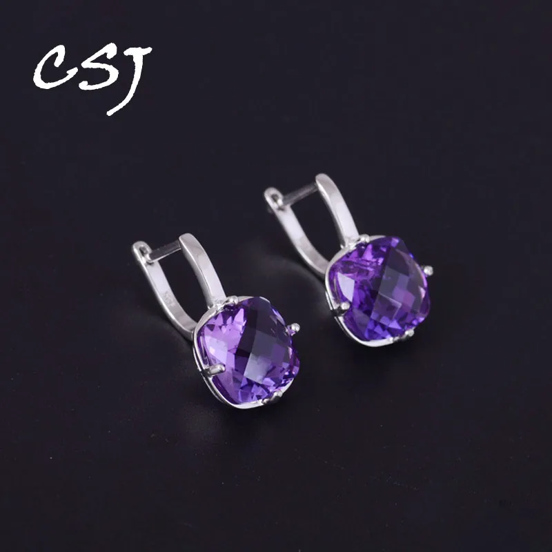 

CSJ Natural Amethyst Earring Sterling 925 Silver Cushion 9Ct Checkboard Cut Fine Jewelry for Women Lady Party Birthday Gift