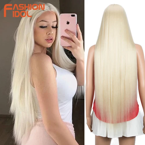 FASHION IDOL-pelucas frontales de encaje liso y largo para mujer, pelucas sintéticas de Cosplay para mujer, pelo rubio degradado Natural BIO, 38 pulgadas