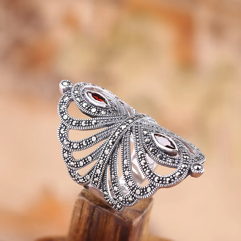 

Uglyless Hollow Exaggerated Wide Rings Women Ethnic Marcasite Thai Silver Floral Open Rings 925 Silver Garnet Fine Jewelry R852
