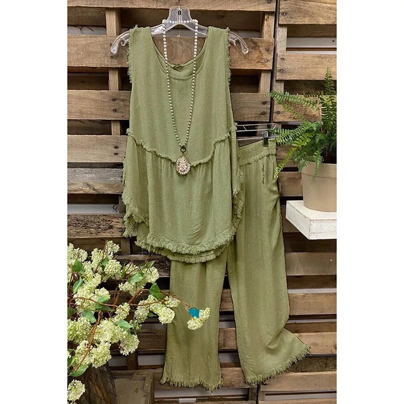 Summer Two Piece Set Ladies Fashion Casual Outfit Suit Women Sleeveless Tops Frayed Cotton Linen Vest + Wide Leg Pants Mujer Set