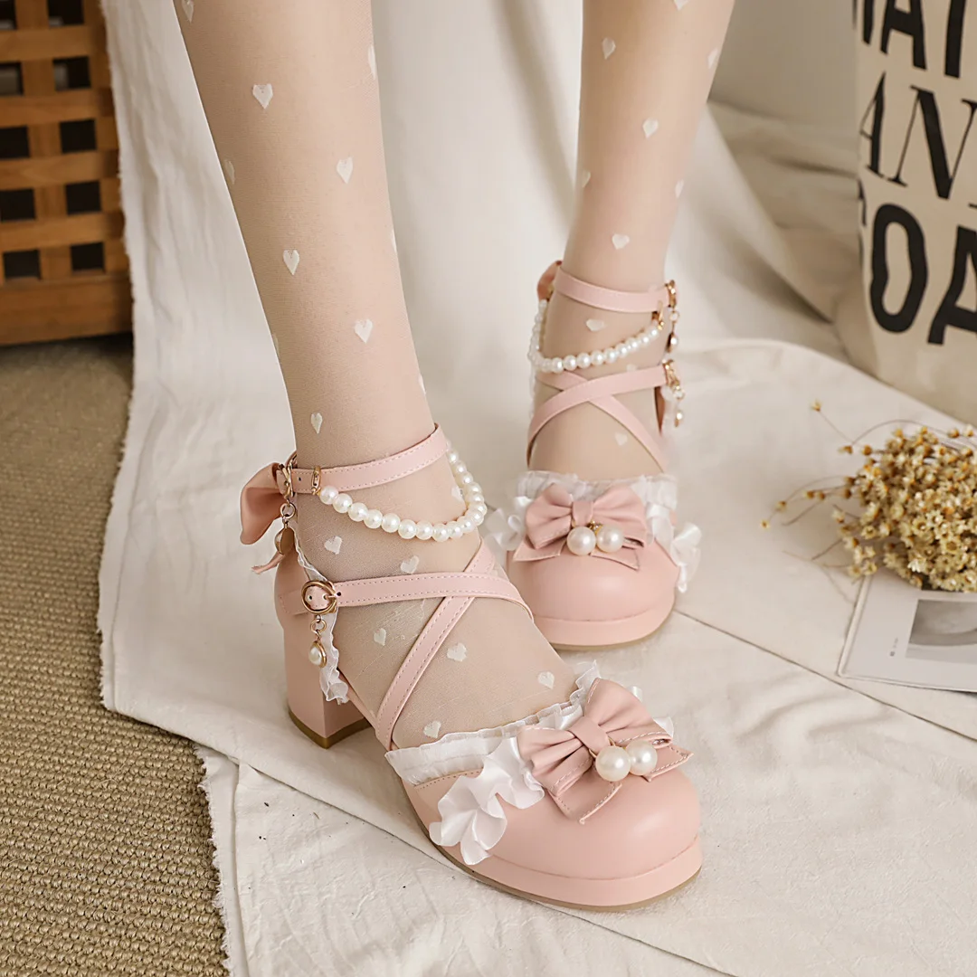 Summer Cool Lolita Sandals Beaded Korean Japanese Sweet Princess Cosplay Party Girls High Heels Side Buckle PU Leahter Shoes