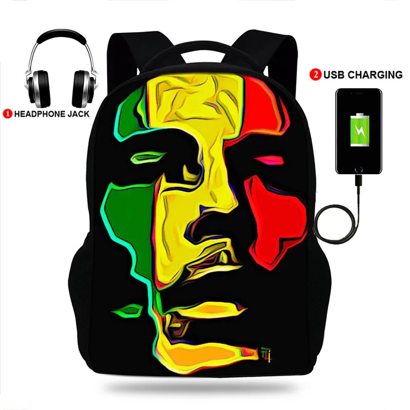 Torby szkolne Bob Marley Print szkolny plecak dla chłopców i dziewcząt nastolatek USB Charge plecak dziecięcy plecak na laptopa dla dzieci