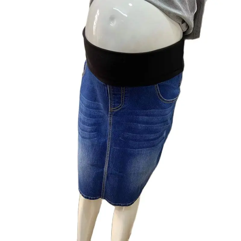 High Waist Maternity Denim Skirt Abdominal Support, Stretch Jean for Pregnant Women, Plus Size Fit for All Stages of Pregnancy