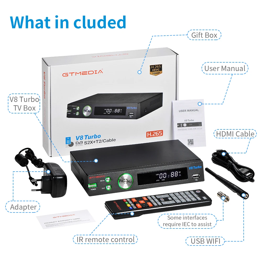 GTMEDIA V8 Turbo DVB-S2/T2/Cable/J. 83b спутниковый ресивер, WIFI,H.265, поддержка разъема для карт CA, Youtube,multi-room,TDT HD Spain