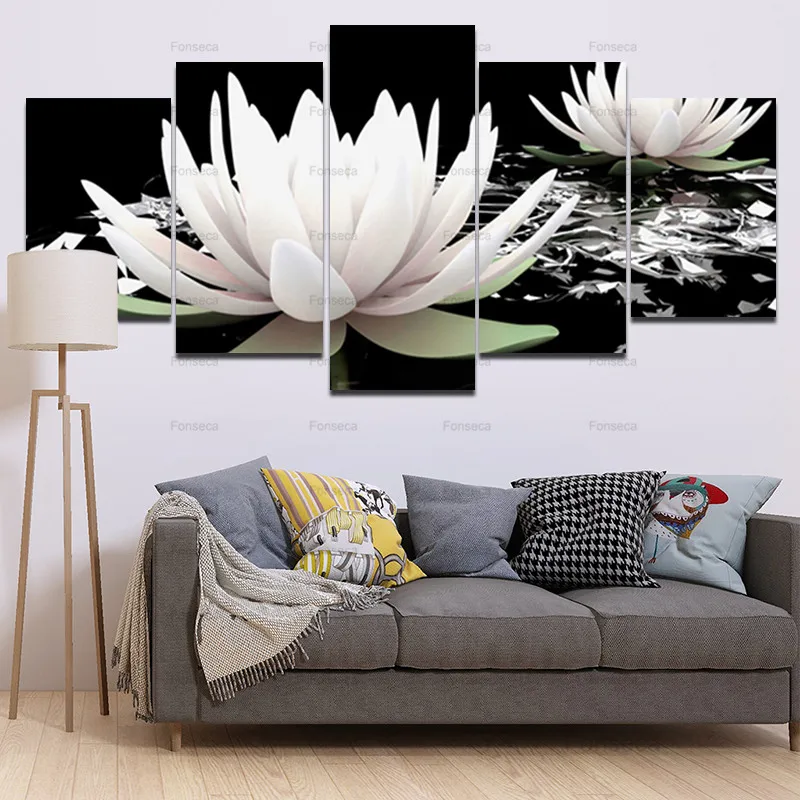 

5 Pieces Zen Theme Canvas Paintings Wall Art Pictures for Living Room Home Decorative Hd Printed Buddha Flower Stone Posters