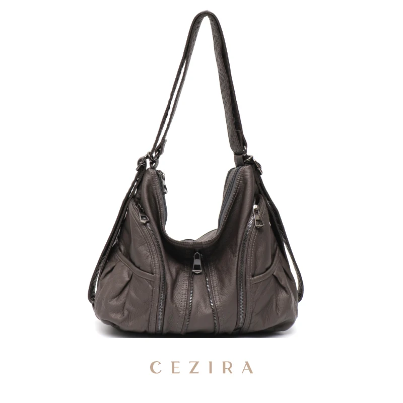 CEZIRA Fashion Women Washed PU Backpack Soft Vegan Leather Shoulder Bags Multi Pockets Large School Knapsack Female Hobo Casual