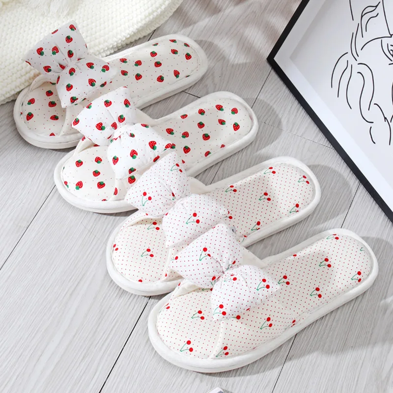 Mntrerm Spring And Summer Home Slippers Women\'s Home Use Indoor Cotton Shoes Girl Heart Cute Bow Strawberry Pattern Sandals