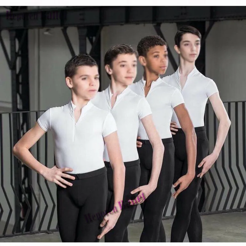 Men's Stand-up Collar Balet Leotard Invisible Zipper Short-sleeved One-piece T-shirt Jumpsuit Ballet Dance Undershirt