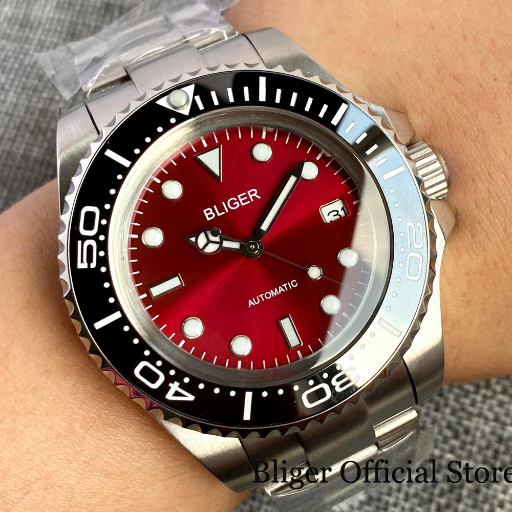 BLIGER Sunburst Red Dial 43mm Automatic Men Watch NH35A PT5000 Movement Steel Band Glide Lock Clasp Screw Crown