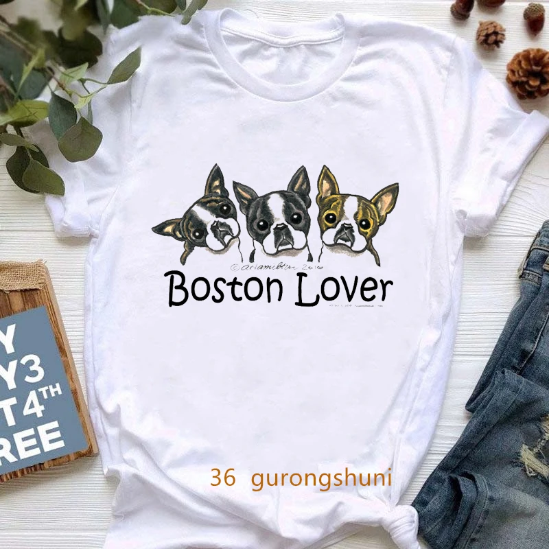 Curious Boston Terrier Graphic Print Women Tshirts Summer Fashion Short Sleeve Dog Lover T-Shirt Femme Harajuku Shirt Streetwear