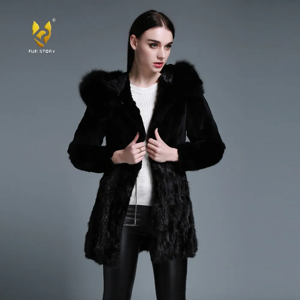 Womens Coats Rabbit Fur Coat Fox Hood Women Jacket Real Mink Fur Hem Winter jacket Women Womens Spring Jacket Fur Story FS15126