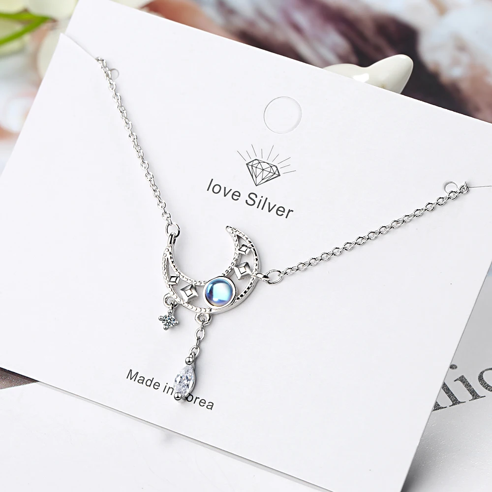 Sweet 925 Sterling Silver Moonstone Star Moon Tassel Necklaces For Women choker collares Colar de Prata Wedding Jewelry