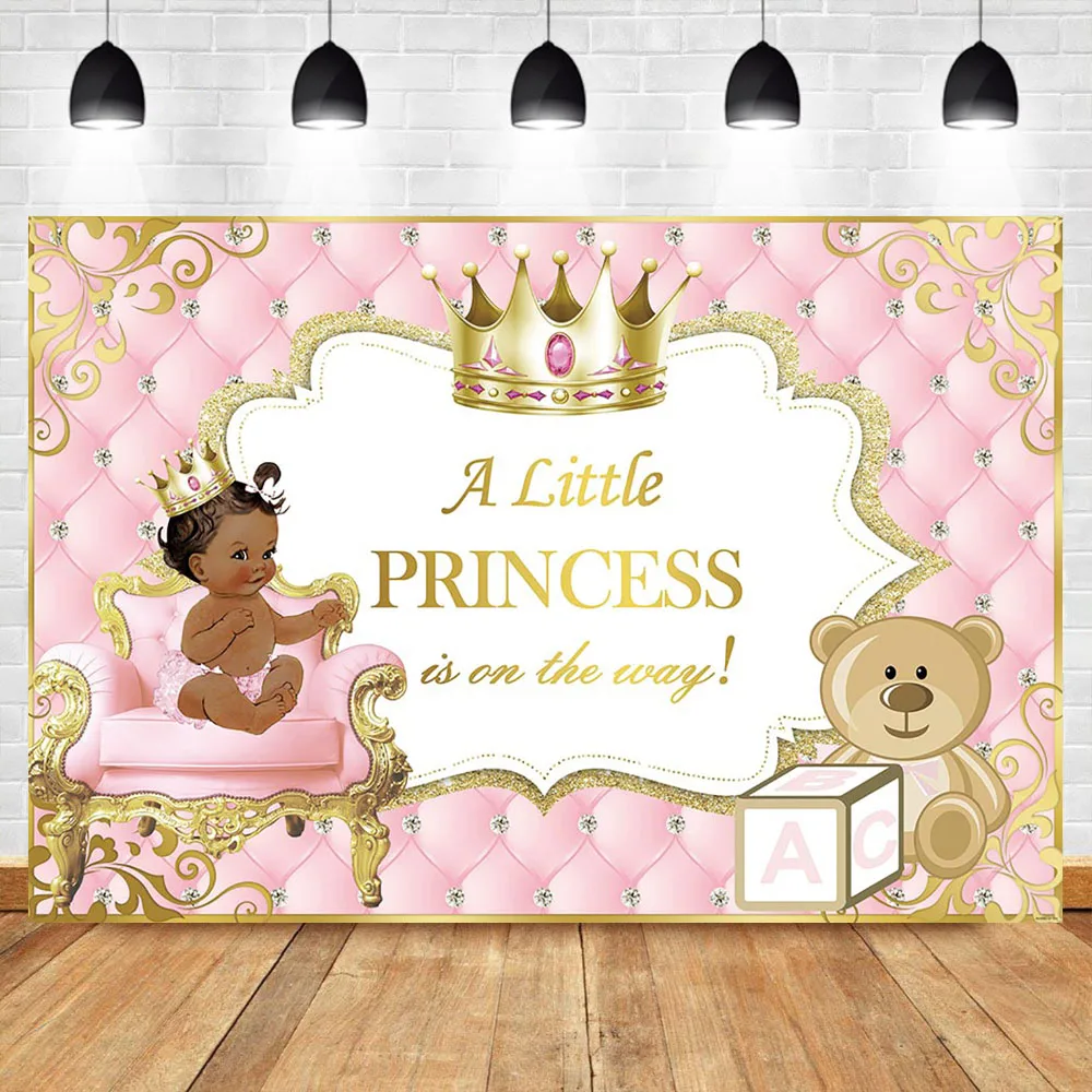 Pink and Gold Baby Shower Backdrop Ethnic Princess Tufted Photo Background Gold Crown Cute Bear Glitter Photography Backdrops