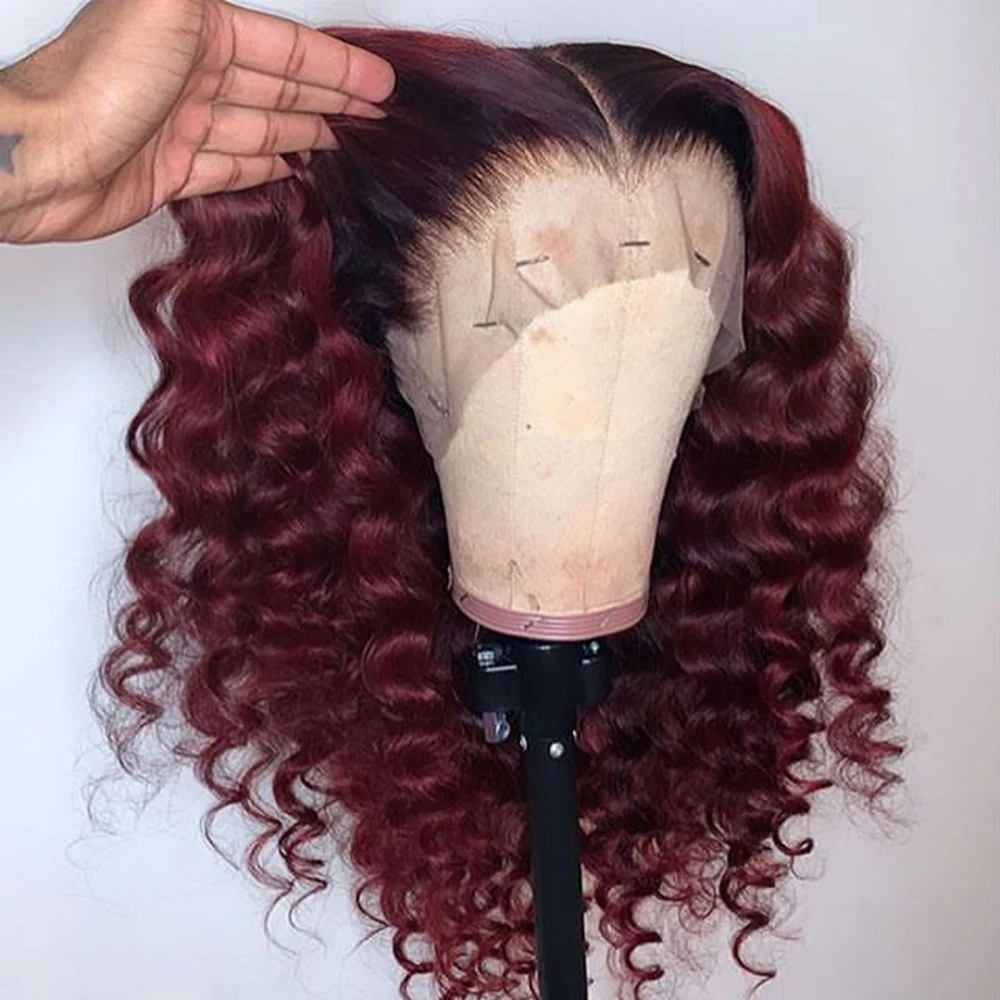 Perruque Lace Front Wig frisée naturelle-Heradband, cheveux humains, pre-plucked, Deep Wave, InjBase Full Lace, u-part, 99J, rouge bordeaux ombré, 13x6, 360