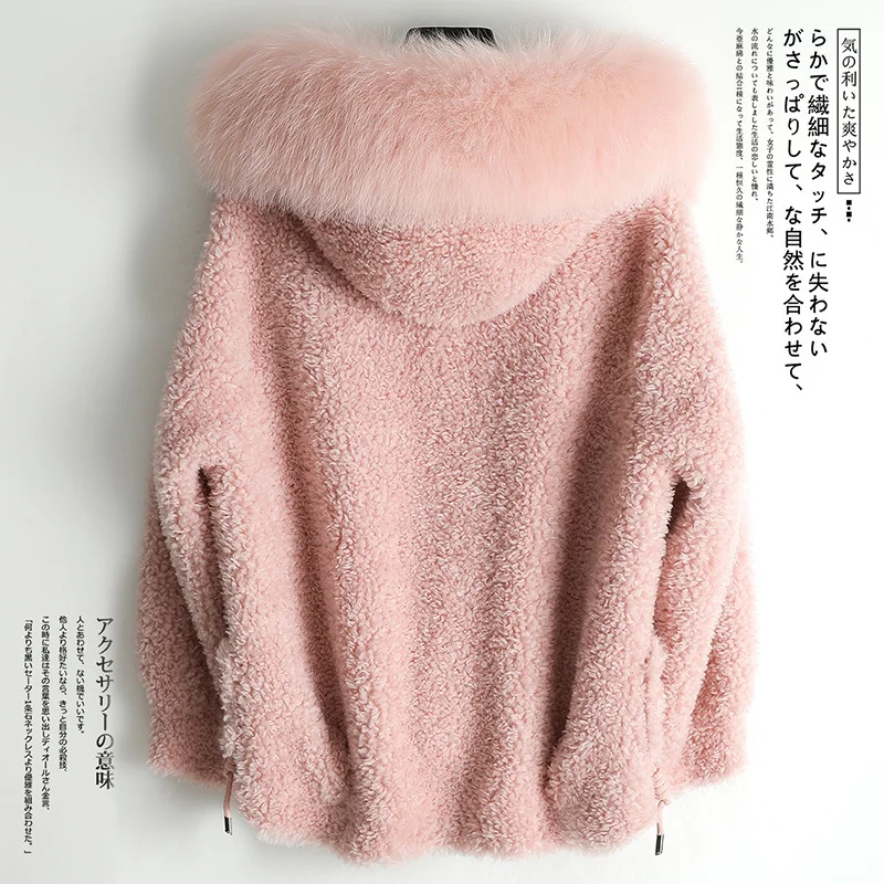 Real Fur Coat Female Pink Fox Fur Hooded Sheep Shearing Jacket Women Clothes 2019 Korean Vintage 100% Wool Tops Hiver 968