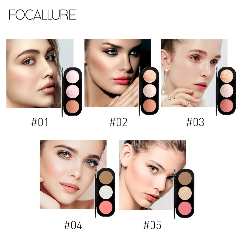 Focallure 3 Colors Blush&Highlighter Palette 3 In 1 Makeup Palette Luxury Matte Shimmer Powder Face Contour Bronzer Blusher