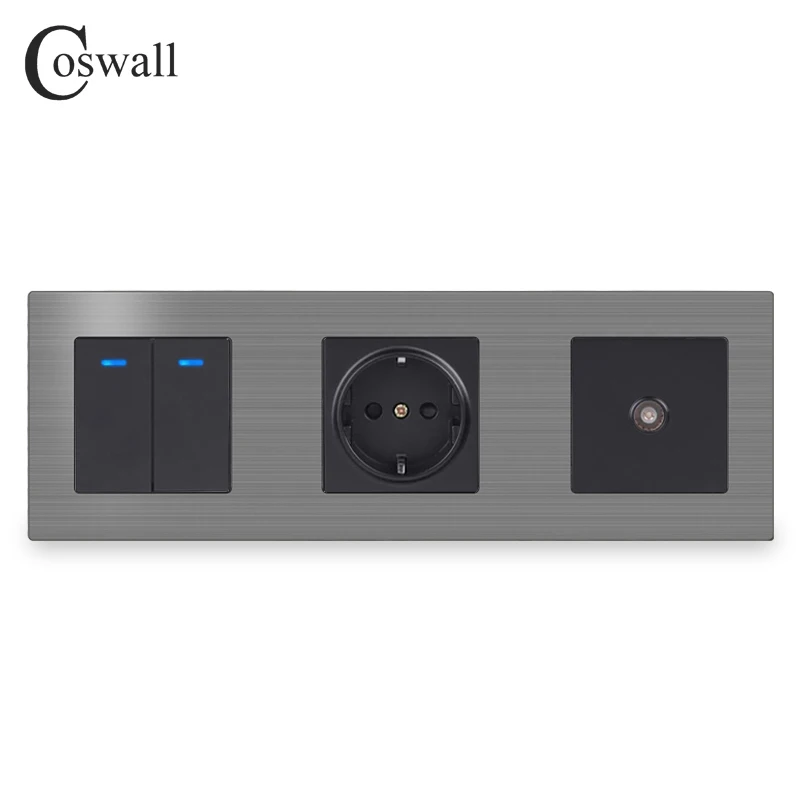 COSWALL L1 Series Grey Gray Brushed Aluminum Panel Wall Switch EU French Socket HDMI-compatible USB Charger TV RJ45 Modules DIY