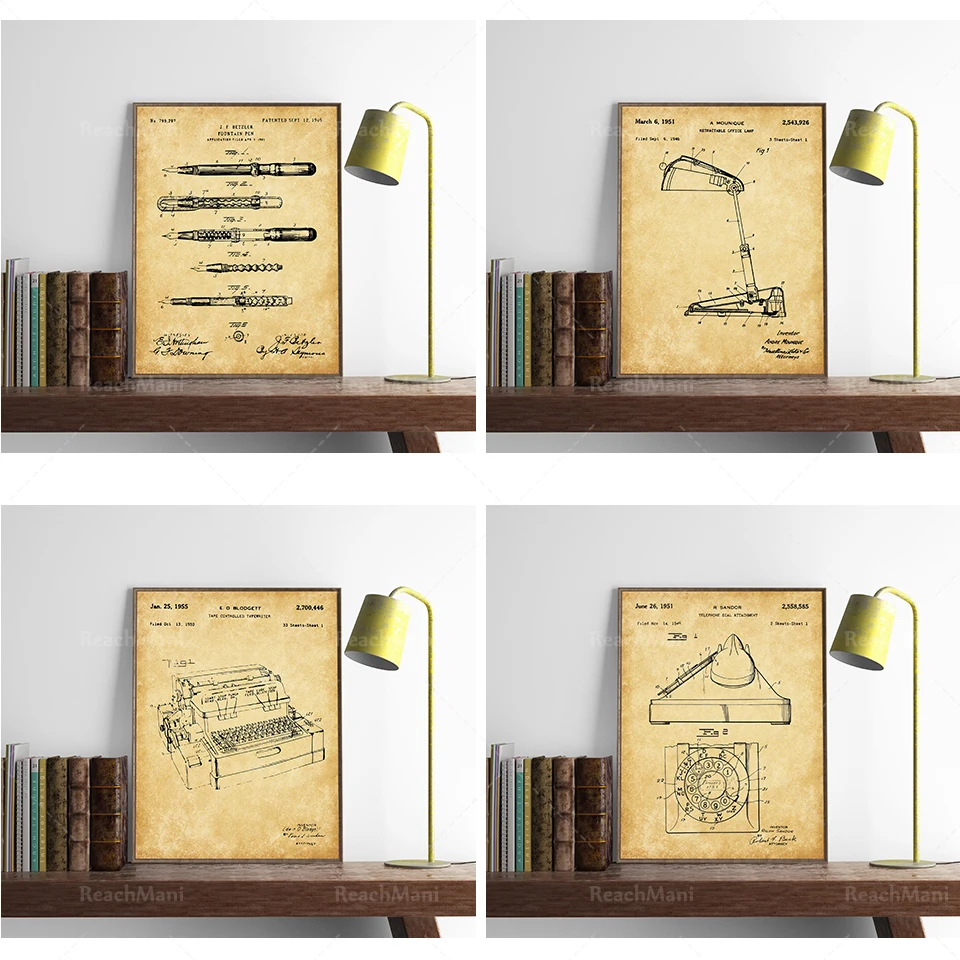 Office patent printed matter 4-piece set, accounting poster, office art, business management, pen, typewriter, office lamp poste