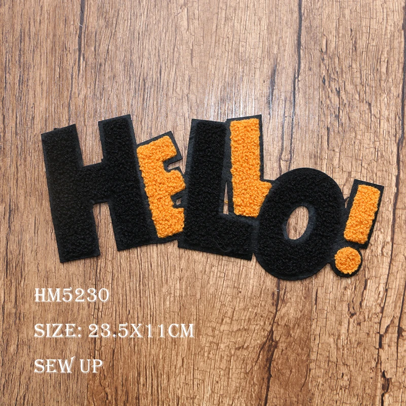 Black Red Powder Hello! Letters Chenille Icon Towel Embroidered Applique Patches for Clothing DIY Sew up Badge on the Backpack