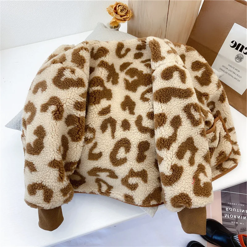 2-7Y Girls Jacket Leopard Print Fashion Lamb Cashmere Plus Velvet Thick Coat Jacket 21 Autumn Winter New Children\'s Clothing