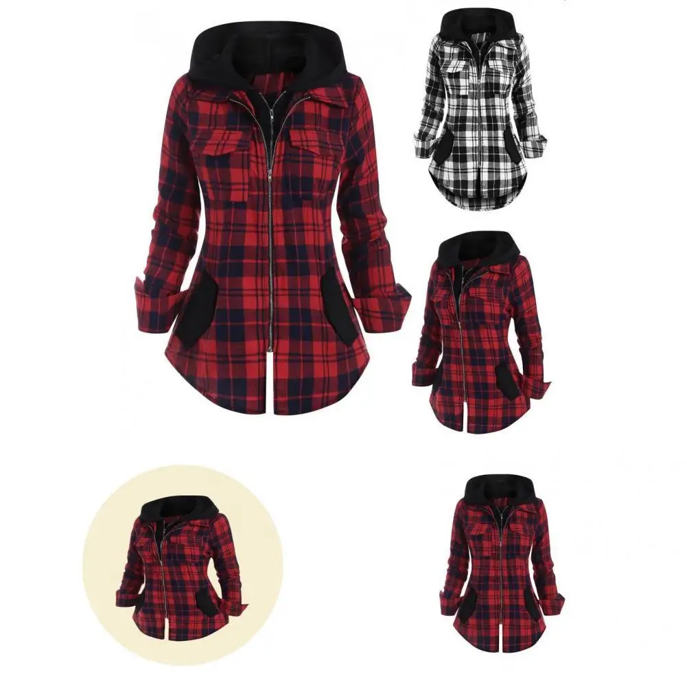 Women Top  Long Sleeve   Women Blouse Checkered Pattern Pockets Blouse