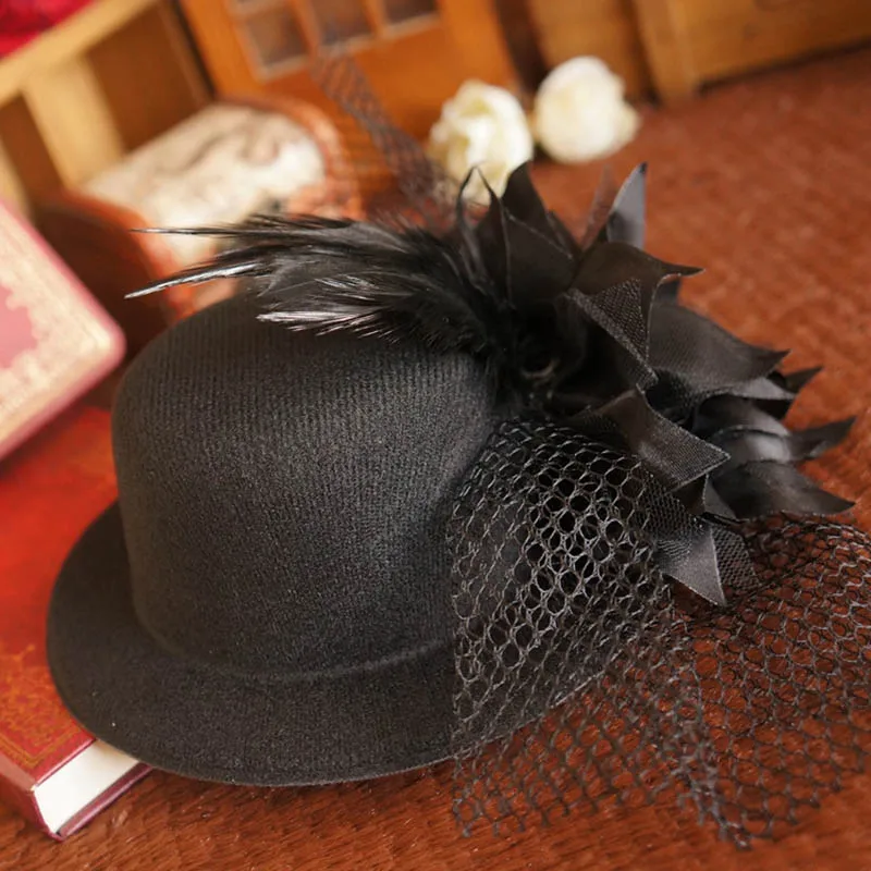 Gothic lolita headdress black flower feather small top hat hairpin side clip hair Punk accessories