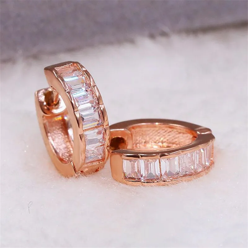 Rulalei Modern Fashion  Jewelry 925 Sterling Silver&Rose Gold Fill Full Princess Cut White 5A Cubic Zircon  Women Clip Earring