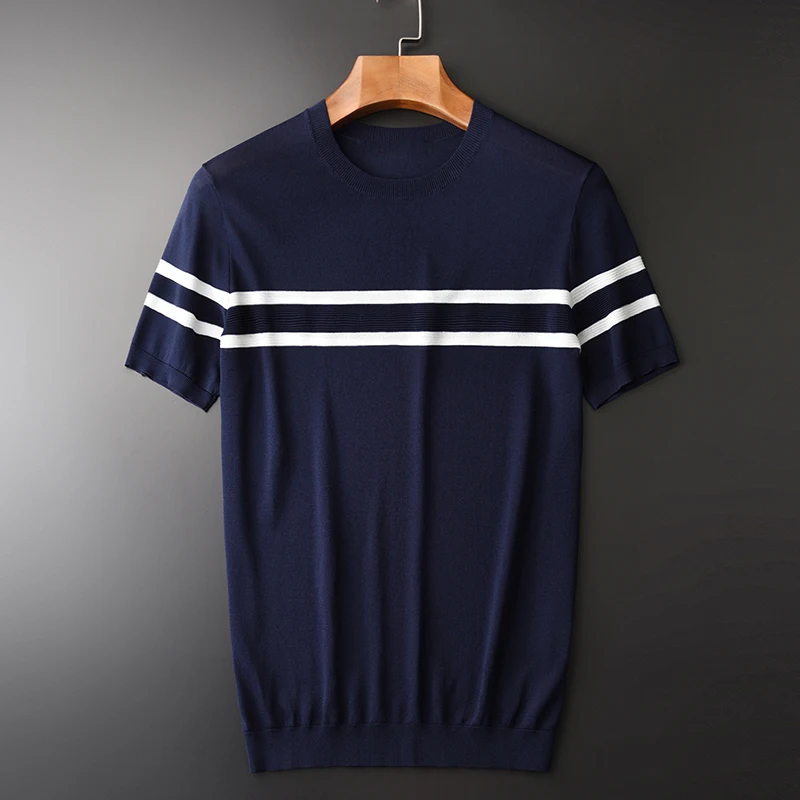 

New Summer Luxury Knitted Short Sleeve Man Plus Size 4xl Black Navy Round Collar Stipre Mens T-shirts