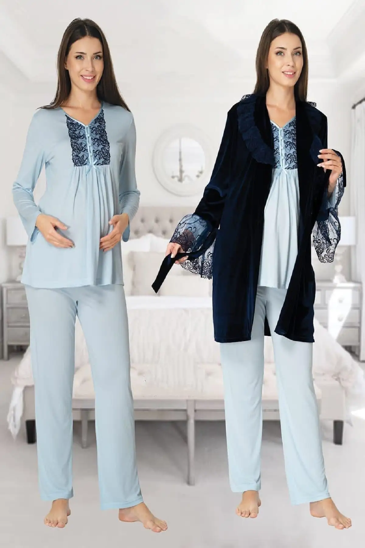 

Women's Navy Blue Velvet Sabahlıklı Puerperal Maternity Blue Pajamas set 8088