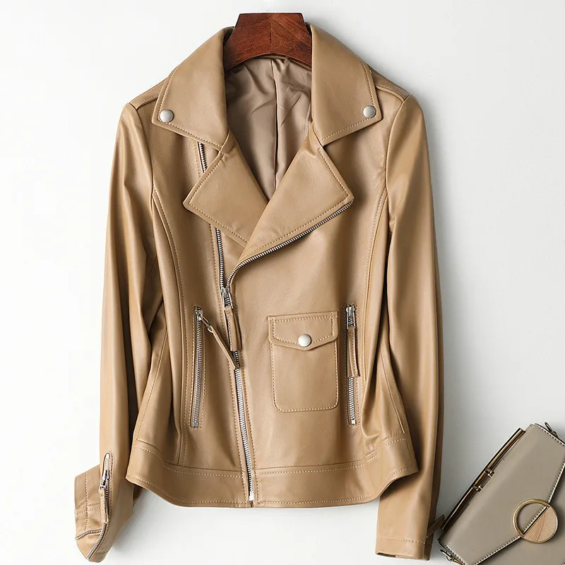 Fashion Short New Slim Real Jacket Women Brown White Lapel Zipper Genuine Leather Sheepskin Coat Motorcycle High Quality