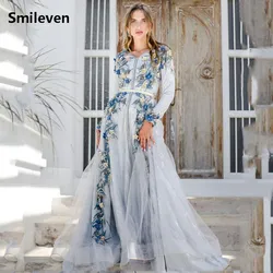 Smileven Moroccan caftan Sky Blue Evening Dresses 3D F lowers Arabic Muslim Special Occasion Dress Evening Party Gowns