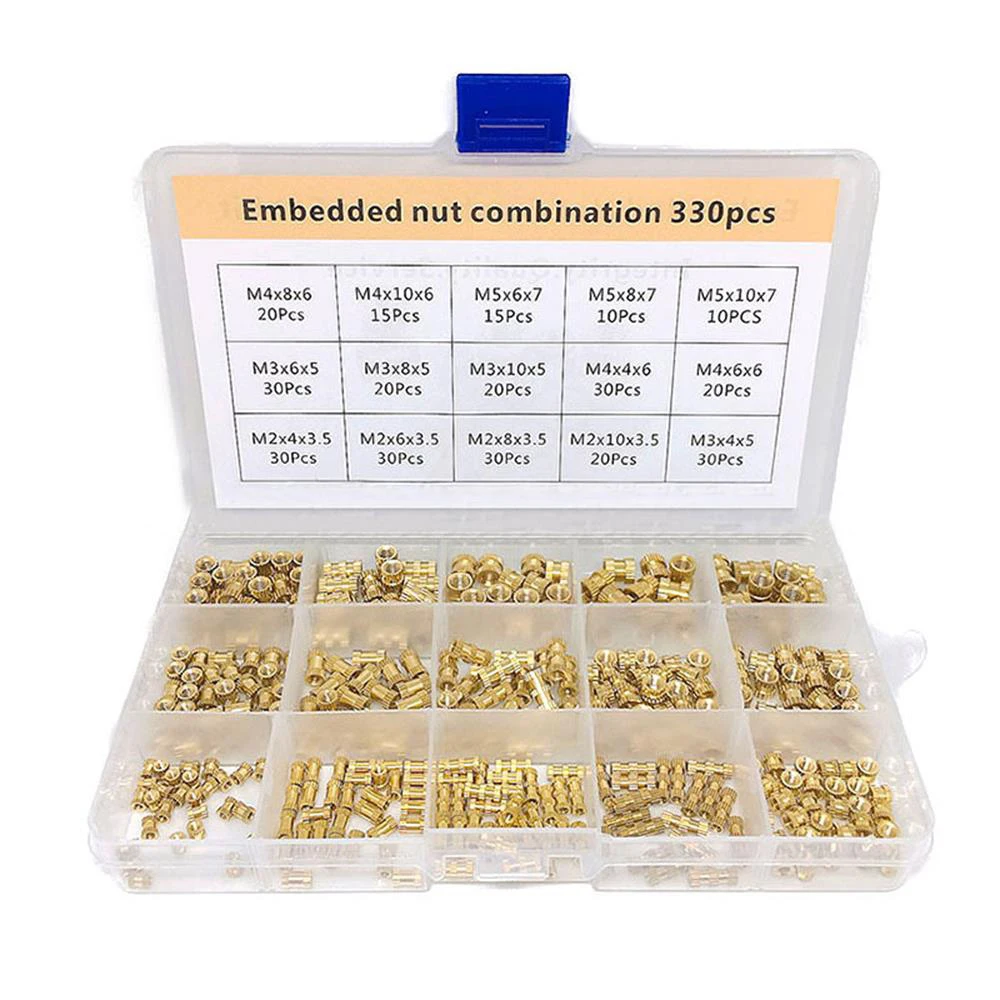 330pcs M2/M3/M4/M5/M6/M8 Brass Threaded Insert Nuts Set Embedded Nut Combination Copper Nut Brass Knurled Round Molded-in Packed