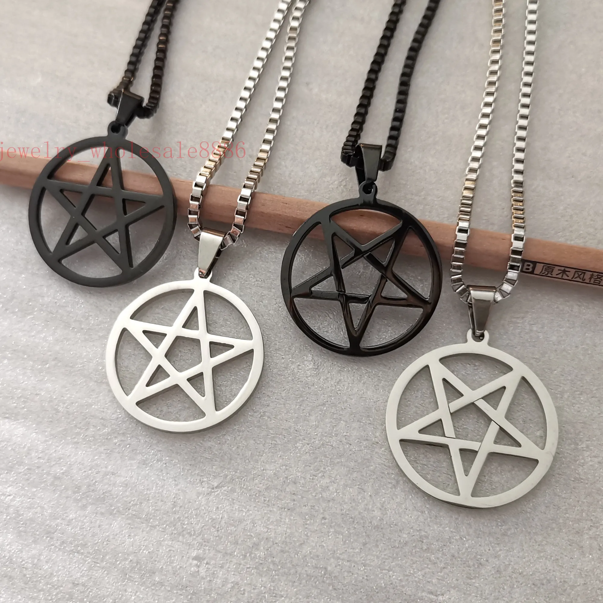 Men Pagan Wicca Inverted Star Pentagram Stainless Steel Pendant Necklace box Chain 2.4mm 24\'\'