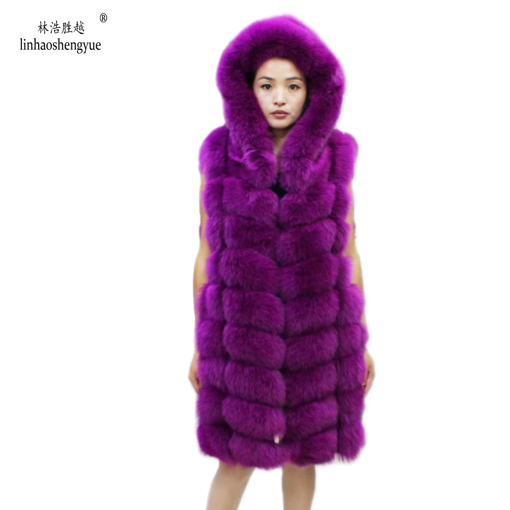 Linhaoshengyue The Real   Fox Fur Vest  with  Hood   Long  90cm Women Real Fox Fur Vest