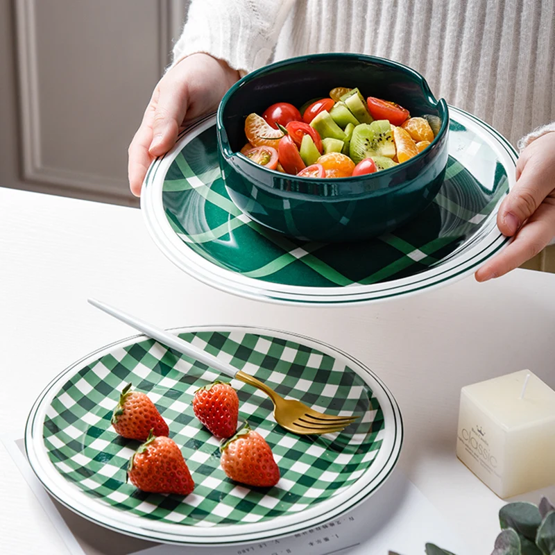 Ceramic Dinnerware Green Checkered Dinner Plate Noodle Rice Bowl Ramen Bowl Pasta Dessert Dishes Microwave Safe