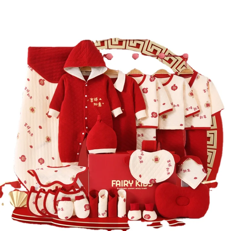 Girl Baby Clothes Set Tops Pants Boy Suit Chinese Red Festival Bibs Hat Blankets Winter Spring