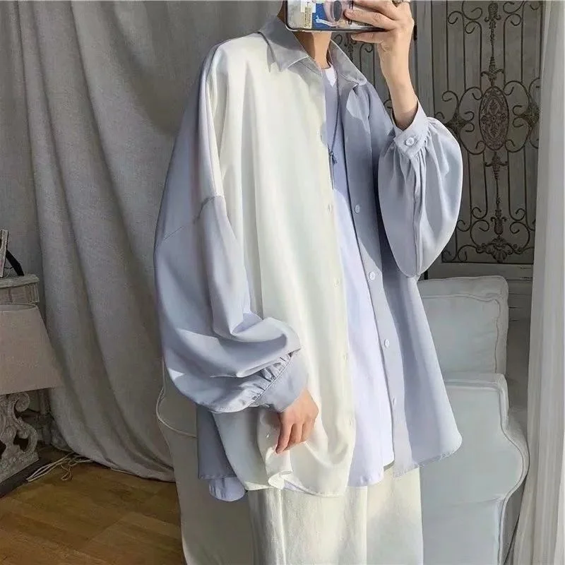 

High street cold shirt men women aesthetic niche trend loose stitching long-sleeved blouse Hong Kong style lovers elegant